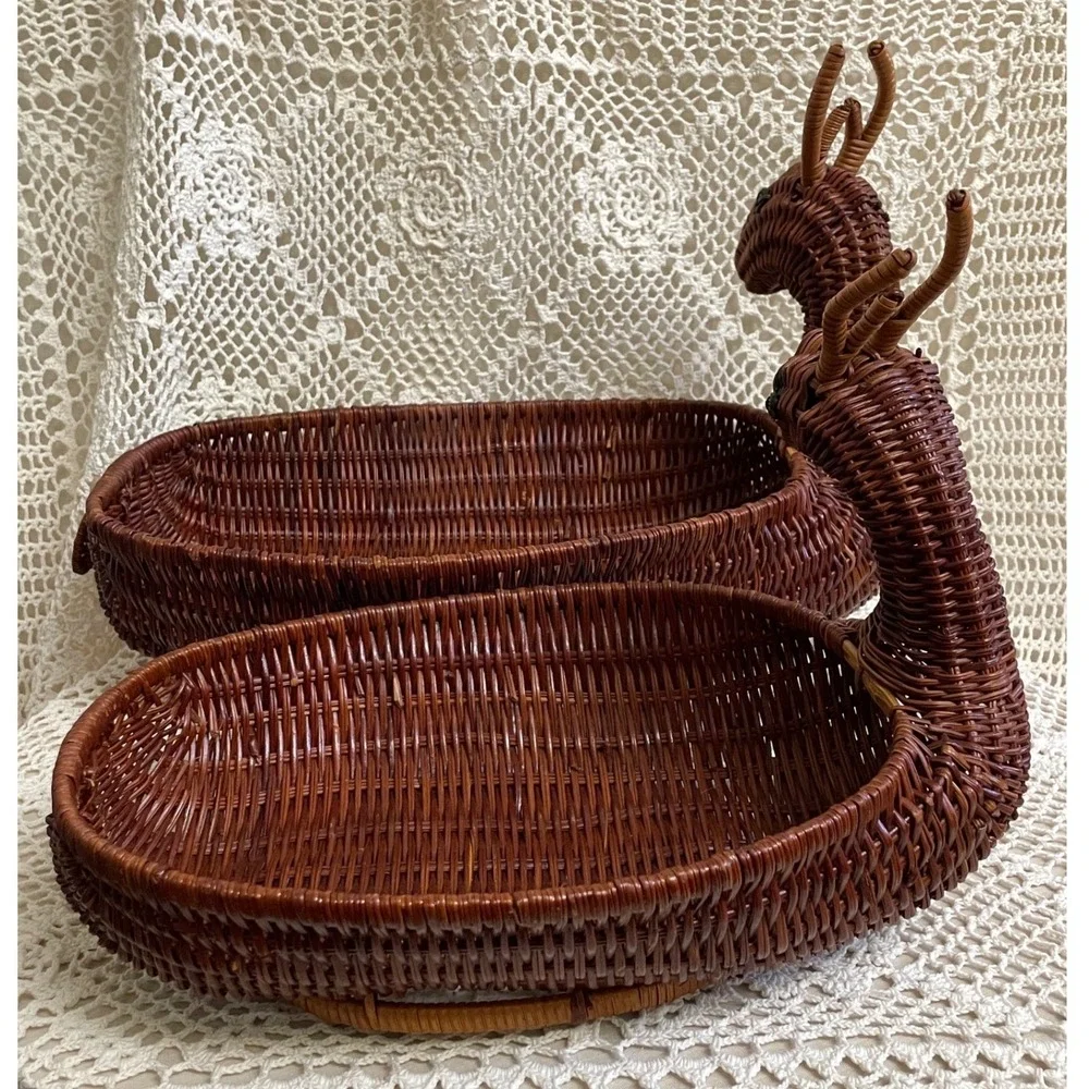 Wicker Deer Reindeer Basket Set Home Decor Brown Vintage FLAWS